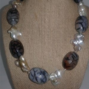 Tiger Agate / Baroque Pearl Necklace